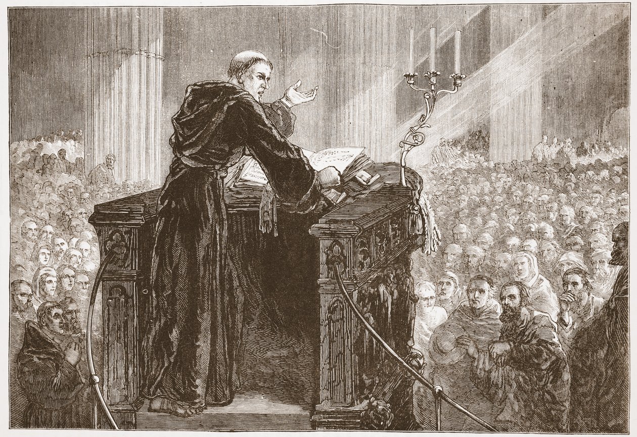 Zwingle predikar i Zürichs katedral, illustration från The History of Protestantism av James Aitken Wylie (1808-1890), pub. 1878 av English School