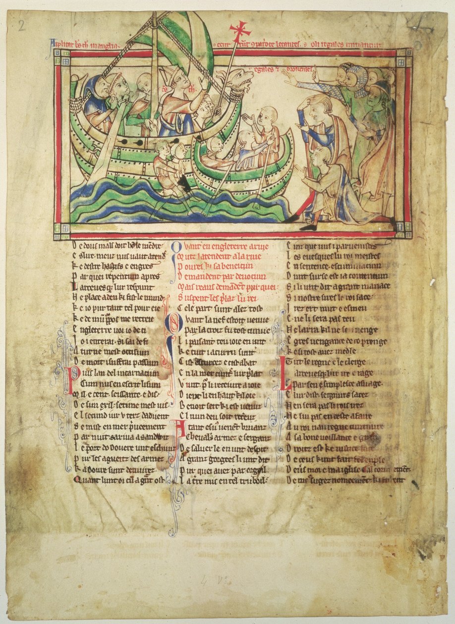f.4v Thomas a Becket landar vid Sandwich och välsignar vattnet, från Becket Leaves, c.1220-40 av English School