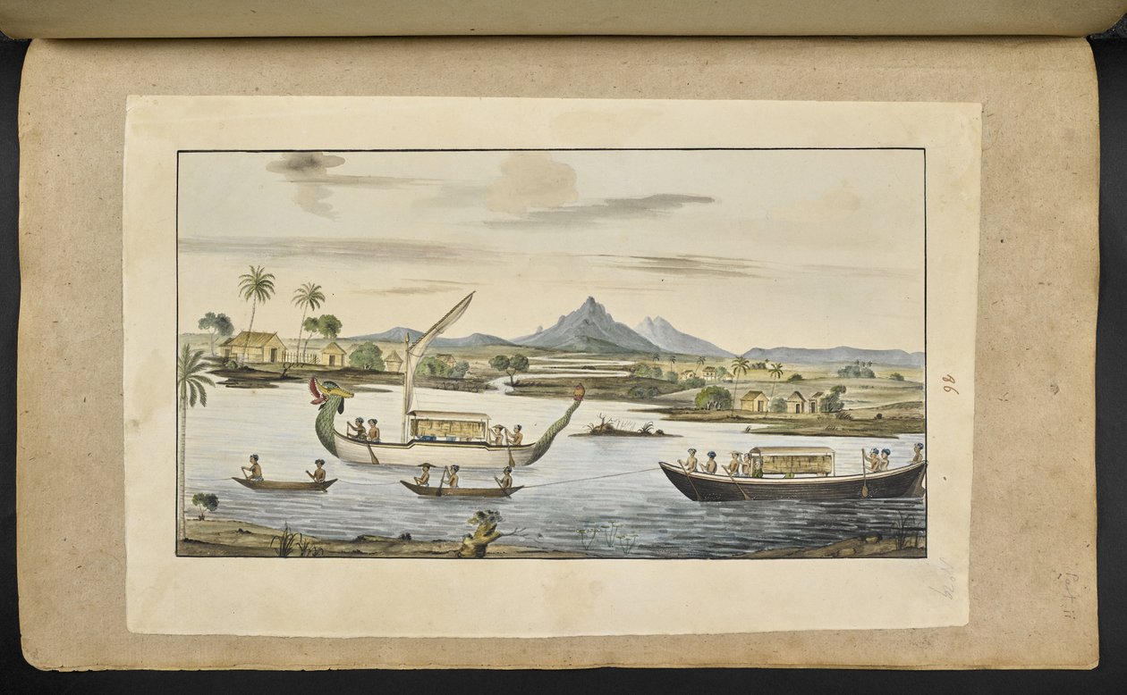 f.75 (skylt 86) Flodscen på Java med båtar, inklusive en drakhuvudbåt av English School
