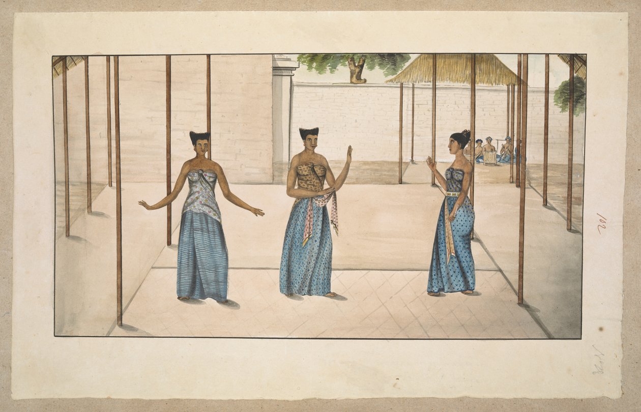 f.91 (102) Tre serimpi hovdansare och gamelan orkester, troligen vid Solo eller Jogja 1811-13 (penna och akvarell på papper) av English School
