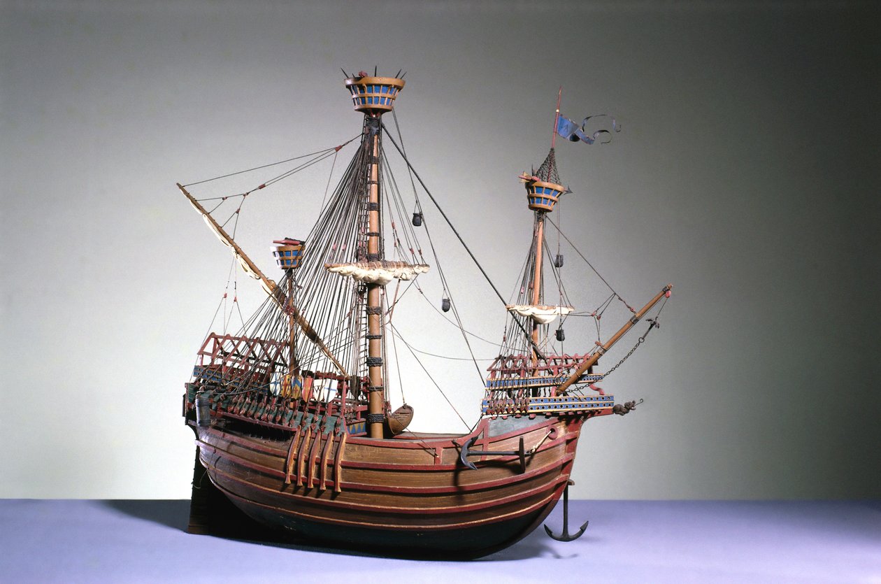 Modell i skala 1:60 av en flamländsk karack ca 1480 (trä) av English School English School