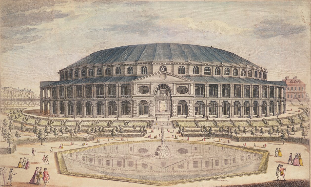Utsikt över Royal Albert Hall (färggravyr) av English School English School