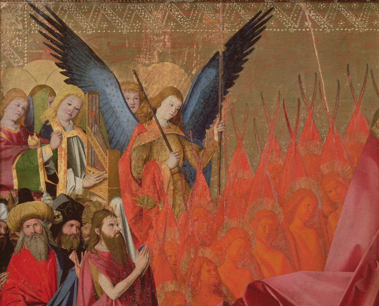 Änglar och valda tjänstemän, detalj av Jungfruns kröning, 1453-54 olja på panel av Enguerrand Quarton
