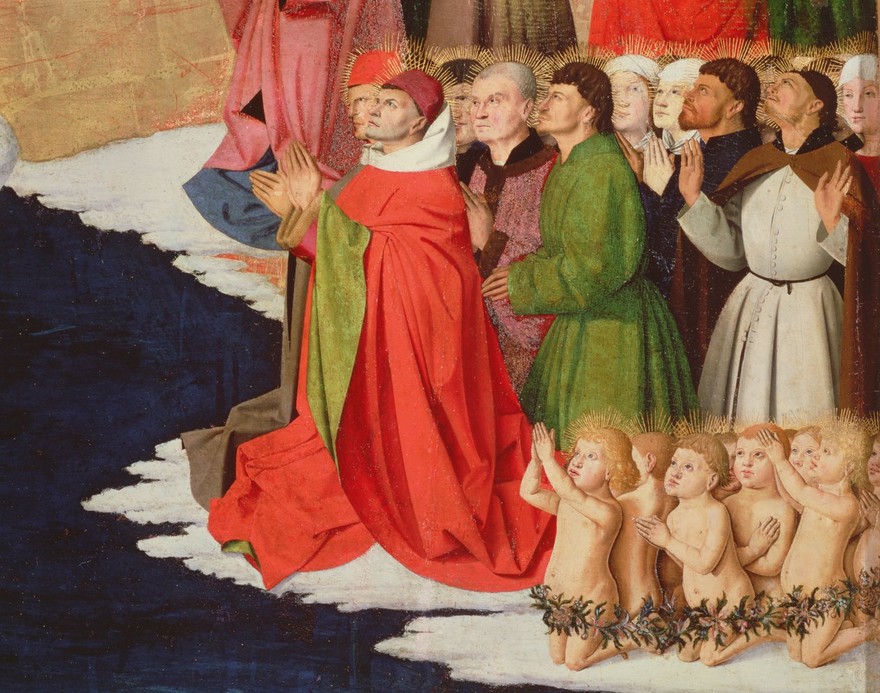 Prästerskap och barn, detalj från Jungfruns kröning, 1453-54 av Enguerrand Quarton