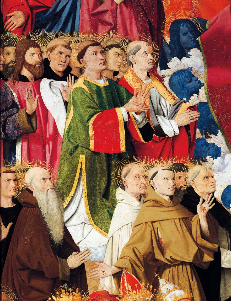 Religiösa ordnar och prästerskap, detalj från kröning av jungfrualtartavlan av Enguerrand Quarton (cirka 1410-1466), tempera på panel av Enguerrand Quarton