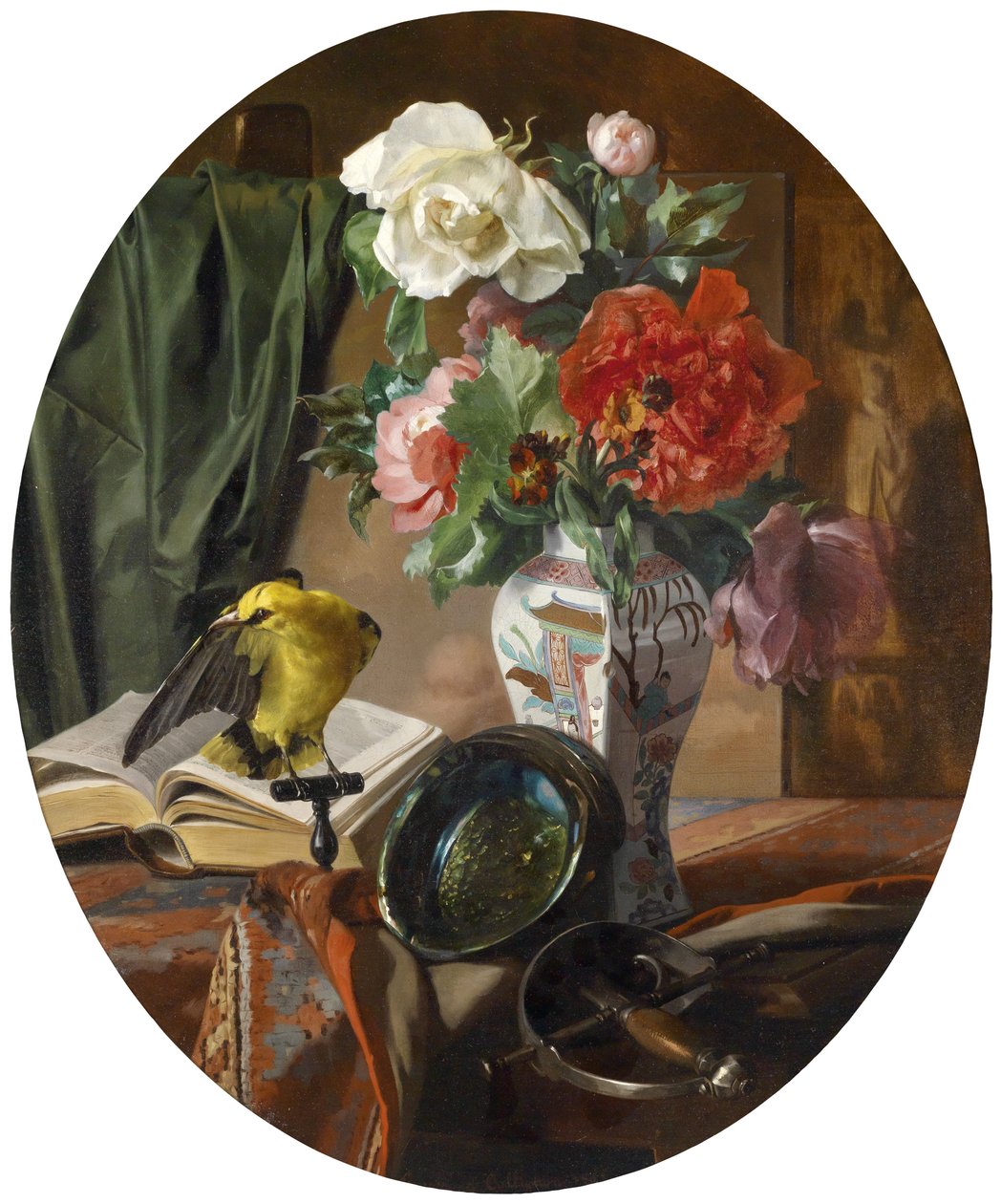 Stilleben med blommor i en kinesisk vas, fågel och ornament av Ennemond Collignon