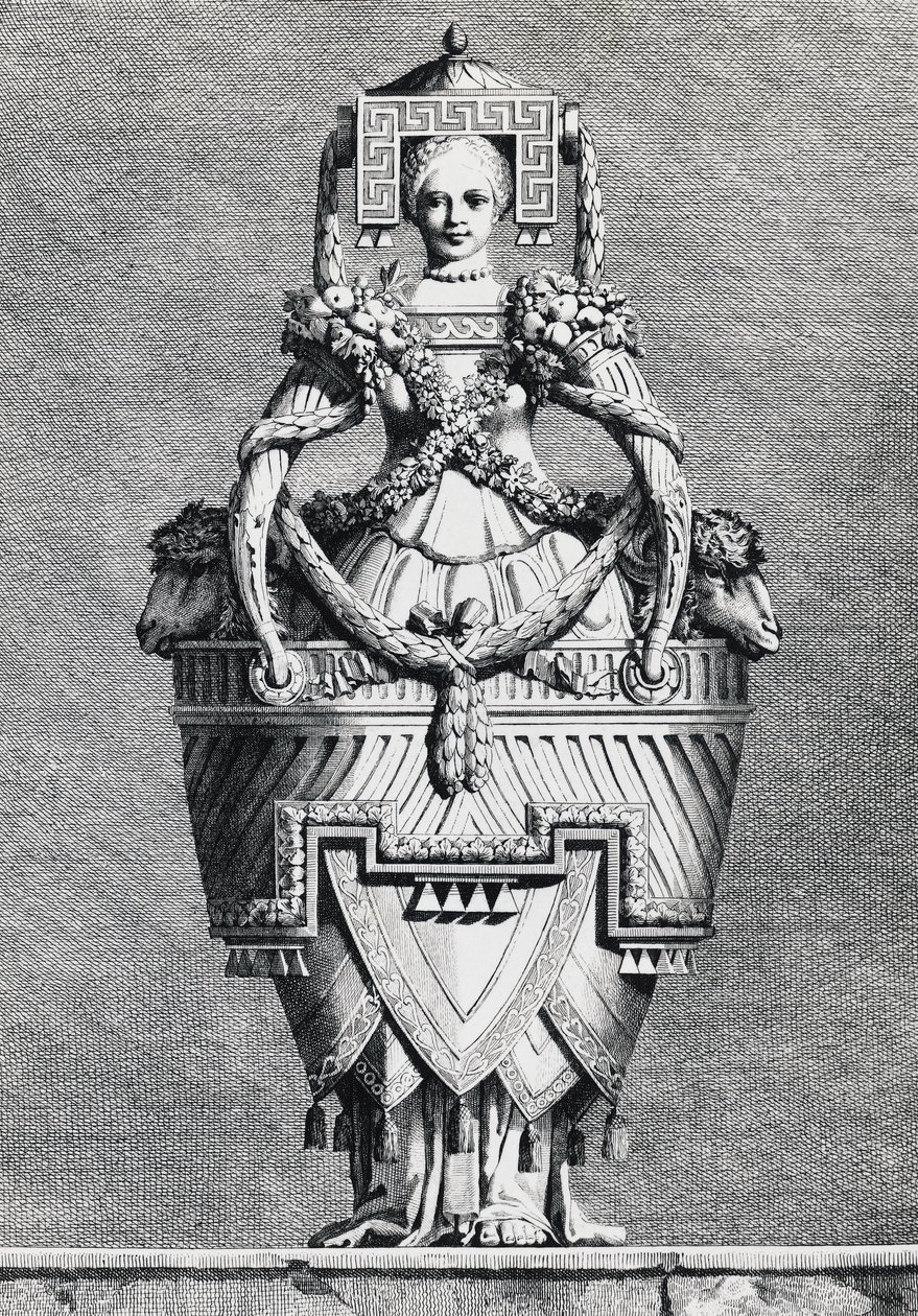 Antropomorf vas, grekisk brud, gravyr av Ennemond-Alexandre Petitot (1727-1801) från Masquerade la Grecque, Suite des Vases and Cheminees, Parma av Ennemond Alexandre (after) Petitot
