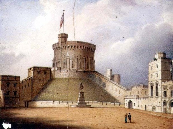 Worcester-plakett föreställande Round Tower, Windsor Castle, ett i ett par, ca 1830-40 (porslin) (för par se 72834) av Enoch Doe