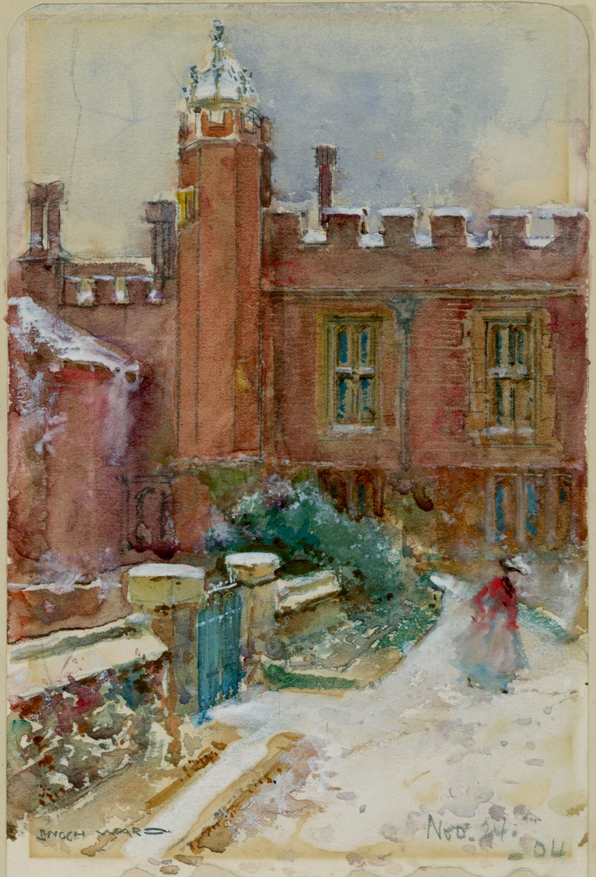 En figur i snön på Hampton Court Palace, 24 november 1904 (akvarell på papper) av Enoch Ward