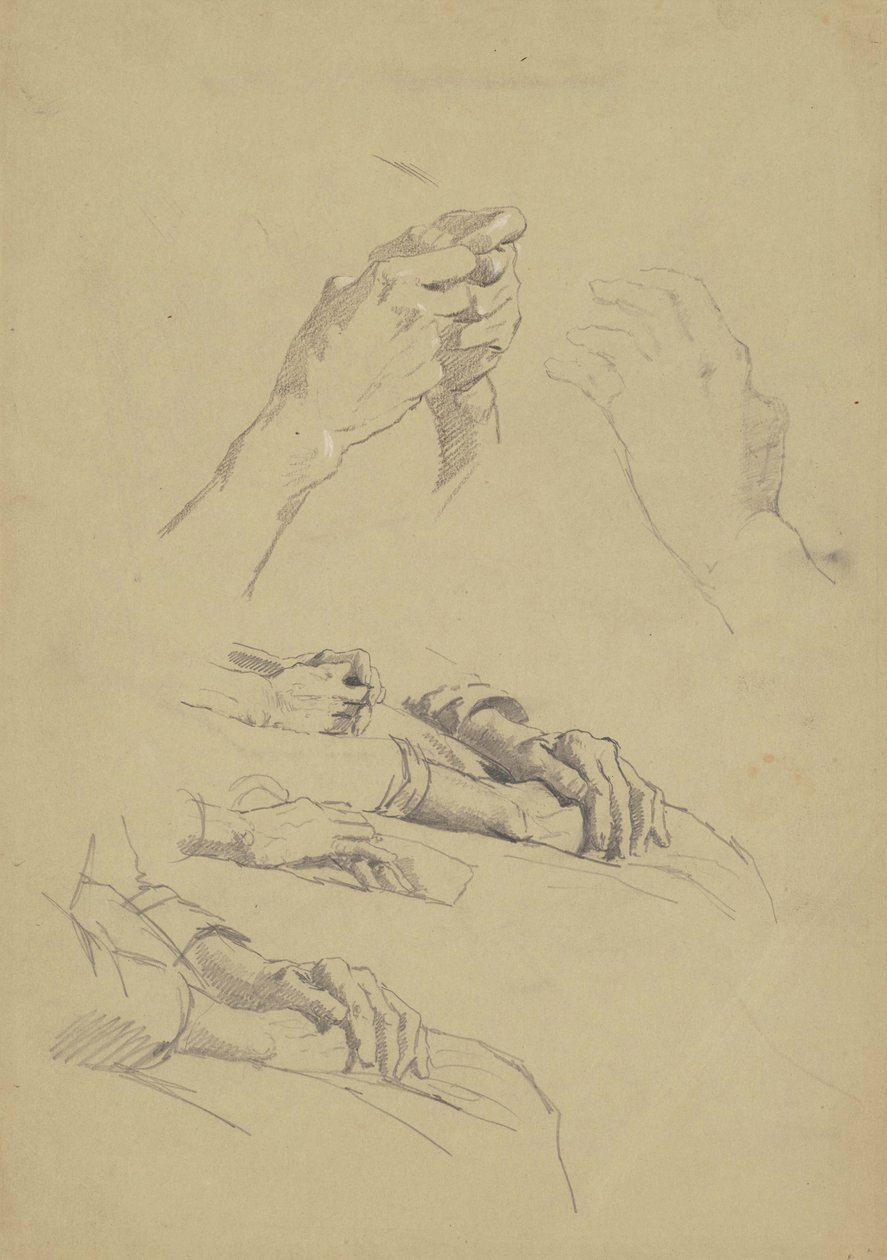 Six Studies of Hands, ca 1870-90 (grafit och krita på brunt vävt papper) av Enoch Wood Perry