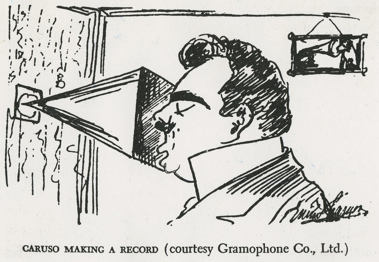 Caruso gör sin första grammofoninspelning, 1902 (teckning) av Enrico Caruso