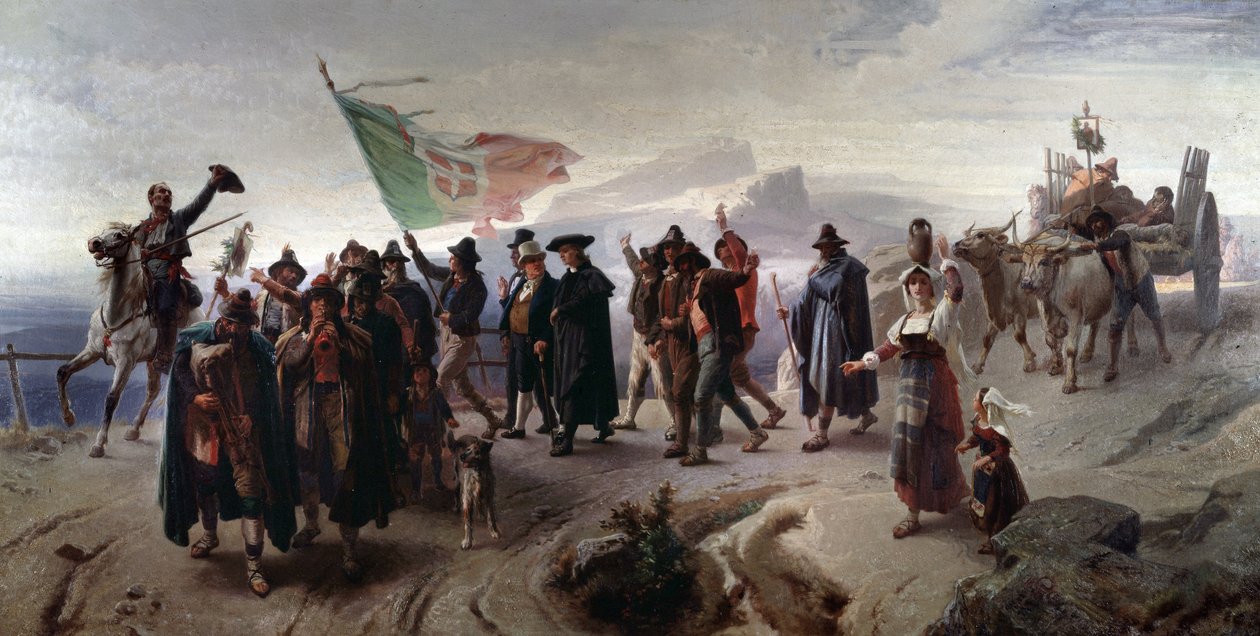 Risorgimento: "" Annexering av Abruzzo-regionen till enade Italien 1861"" (Annexation av Abruzzo-regionen till enade Italien 1861) Målning av Enrico Gamba (1831-1883) Dim 104x207 cm Genes, Galleria d