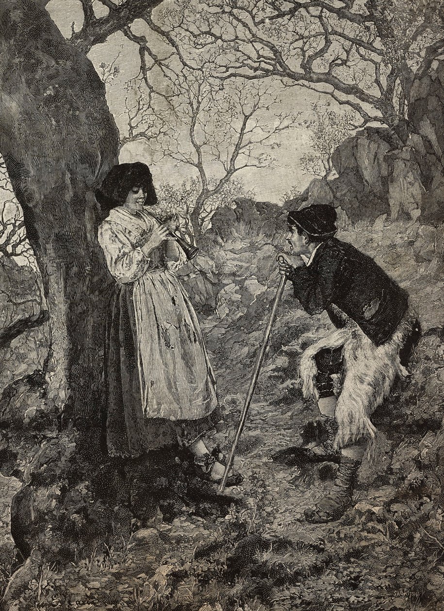 Idyll, herde som lyssnar på ung kvinna som spelar flöjt, gravyr av G Sabattini från akvarell av Enrico Nardi, från L