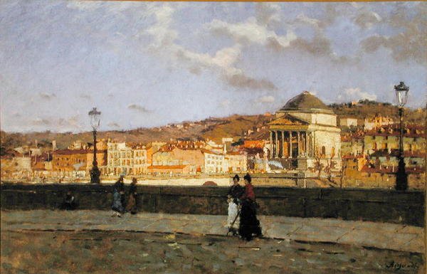 Kaj längs floden Po och kyrkan Grande Madre di Dio, Turin, 1882 av Enrico Reycend