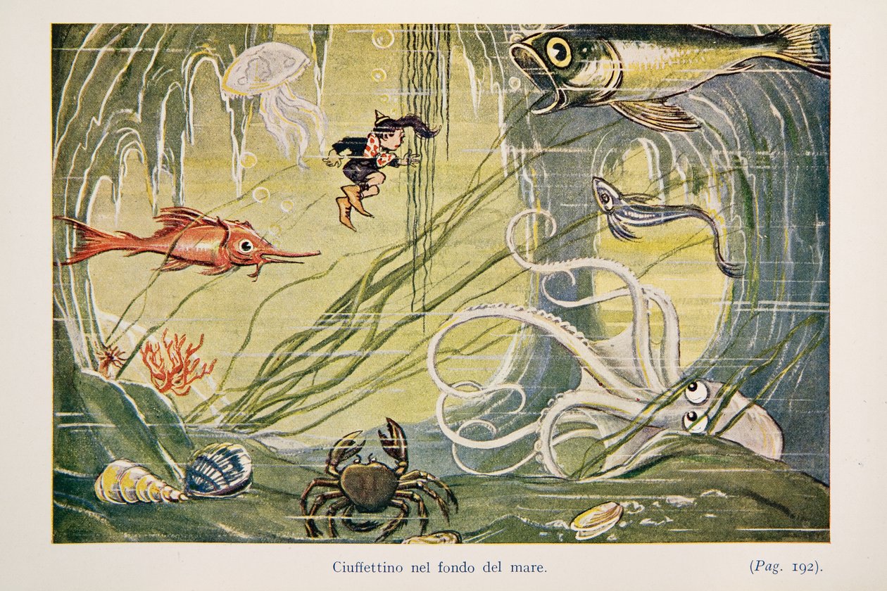 Ciuffettino på havsbotten, illustration från The Adventures of Ciuffettino av Enrico de Conti Novelli