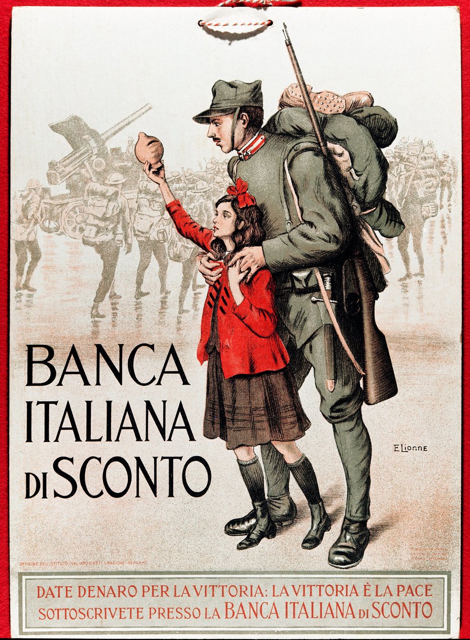 Första världskriget: Italiensk affisch som uppmuntrar ett nationellt lån som föreställer en soldat med en liten flicka som erbjuder sin lira - Illustration av Enrico della Leonessa (lejoninna) (1875-1921) av Enrico della Lionne