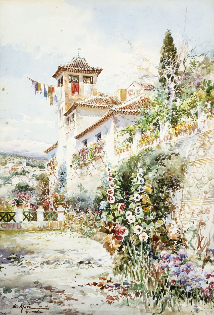 Ett andalusiskt hus och trädgård på sommaren (penna och w/c) av Enrique Marin Higuero