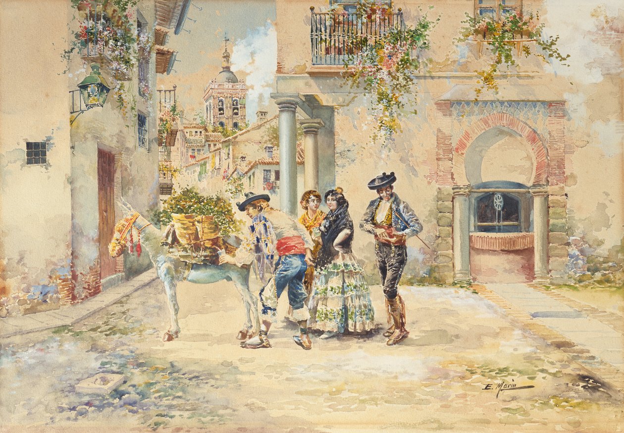 The Street Seller (penna och akvarell) av Enrique Marin Higuero