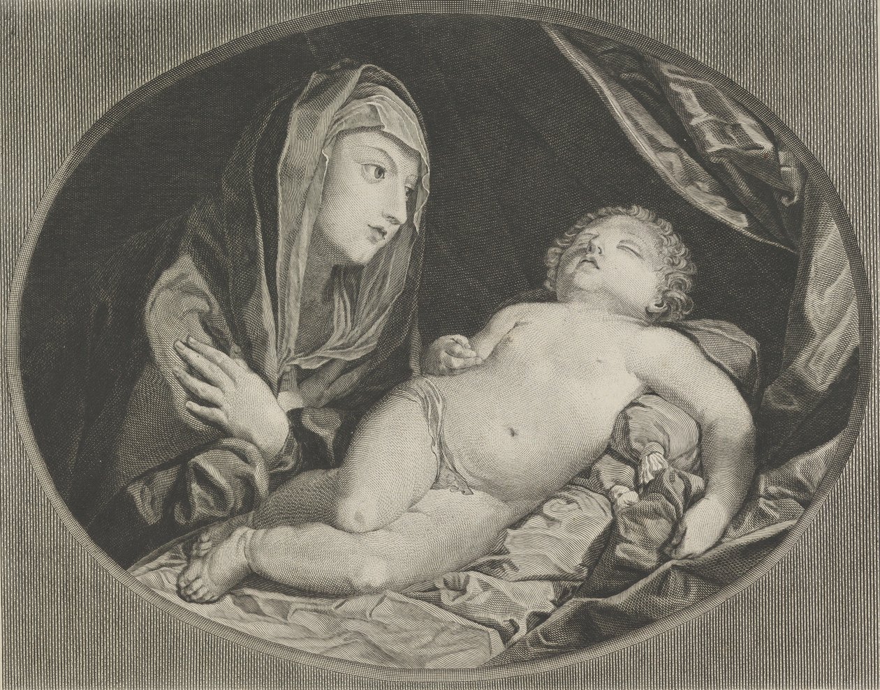 Jungfrun med armarna i kors över bröstet och tittar på det sovande spädbarnet Kristus, i..., 1770-1834. av Ephraim Gottlieb Krüger