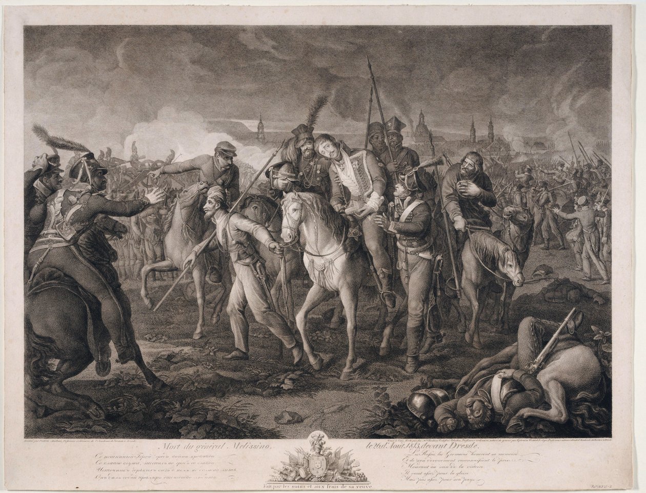 Mort du General Alexis Melissin (1759-1813) a Dresde, sv 1813 - General Aleksey Melissinos död den 26 augusti 1813 - Krueger, Ephraim Gottlieb (1756-1834) - 1813 - Etsning - 68,4x88,8 - Privat samling av Ephraim Gottlieb Krüger