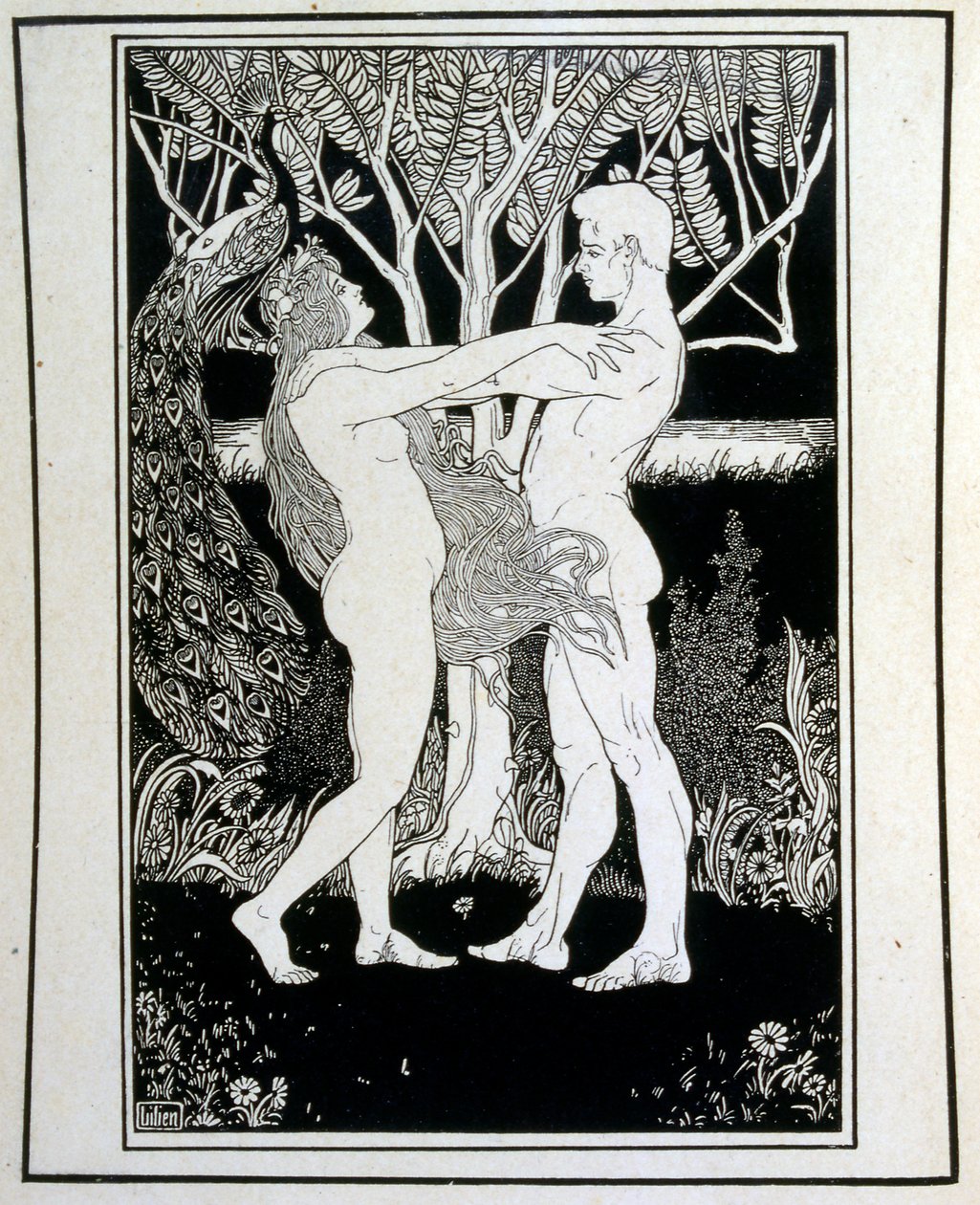 Adam och Eva (oskuld), från boken Juda illustrerad av Ephraim Moses Lilien (1874-1925). Lilian anses vara fadern till den sionistiska ikonografin, skapad i Jugendstil (tysk art nouveau) stil. Han illustrerade 
