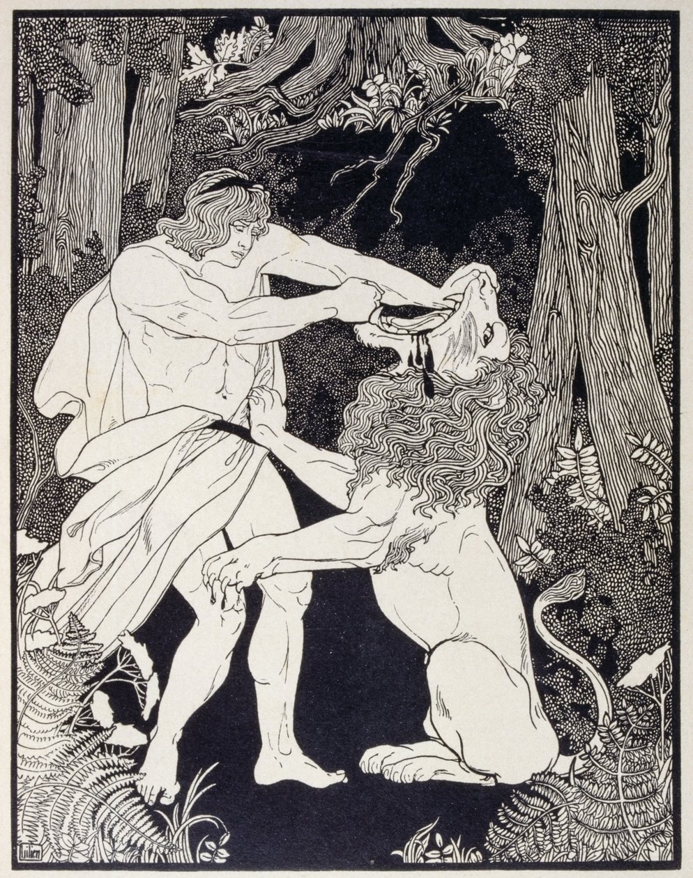 Teckning av Samson kämpande mot ett lejon (gravyr) av Ephraim Moses Lilien