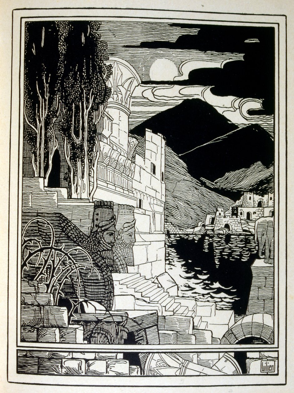 Ruinerna av Sodom, från boken Juda illustrerad av Ephraim Moses Lilien (1874-1925). Lilian anses vara fadern till den sionistiska ikonografin, skapad i Jugendstil (tysk art nouveau) stil. Han illustrerade 