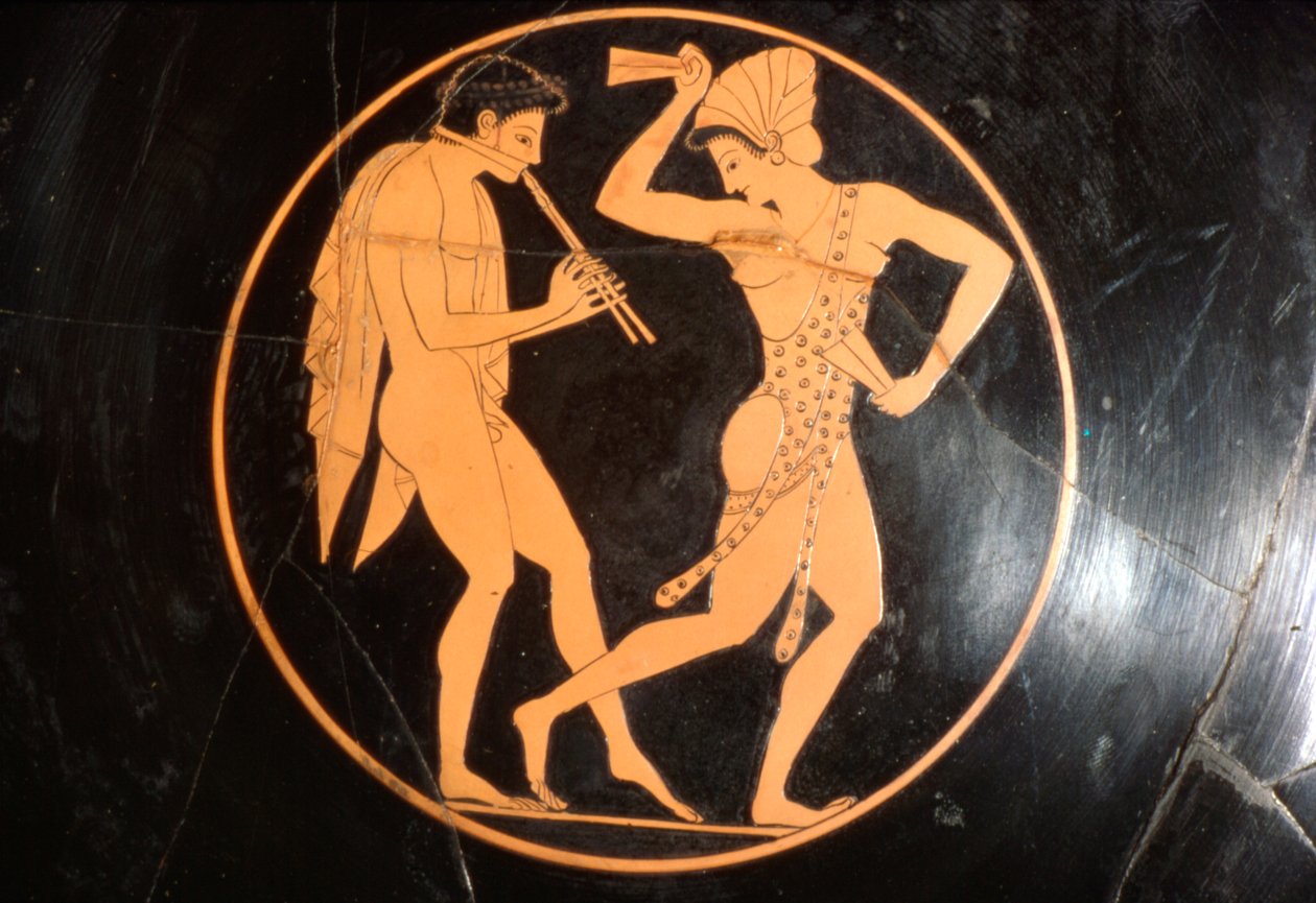 Drinking Cup, Kylix of Girl Dancing with Youth Playing Flöjt, Attic, c510 BC av Epikektos