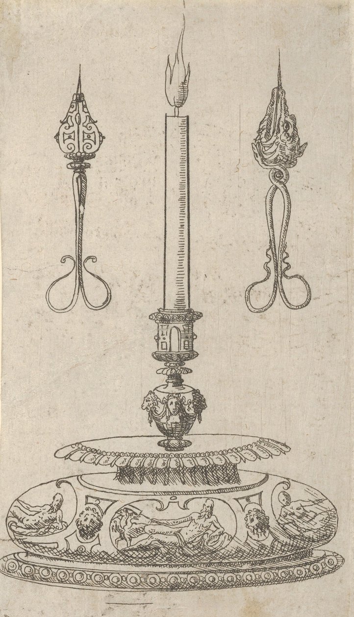 Design för en ljusstake med Candle Wick Trimmers, 1560-70. av Erasmus Hornick
