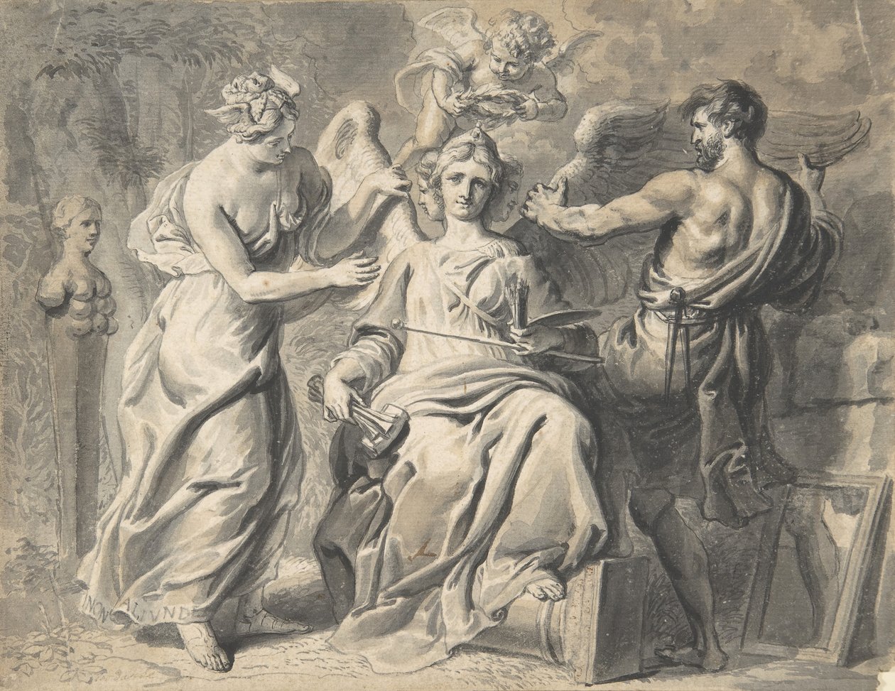 En allegori över konsterna med Isis och geometri som deltar i den trehövdade figuren av..., 1600-talet av Erasmus Quellinus
