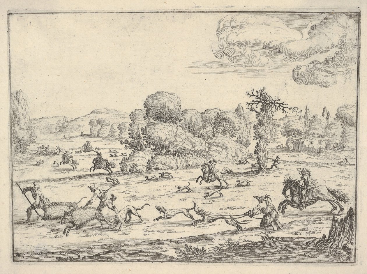 Galtjakt i landskap, ca. 1620-38. av Ercole Bazicaluva