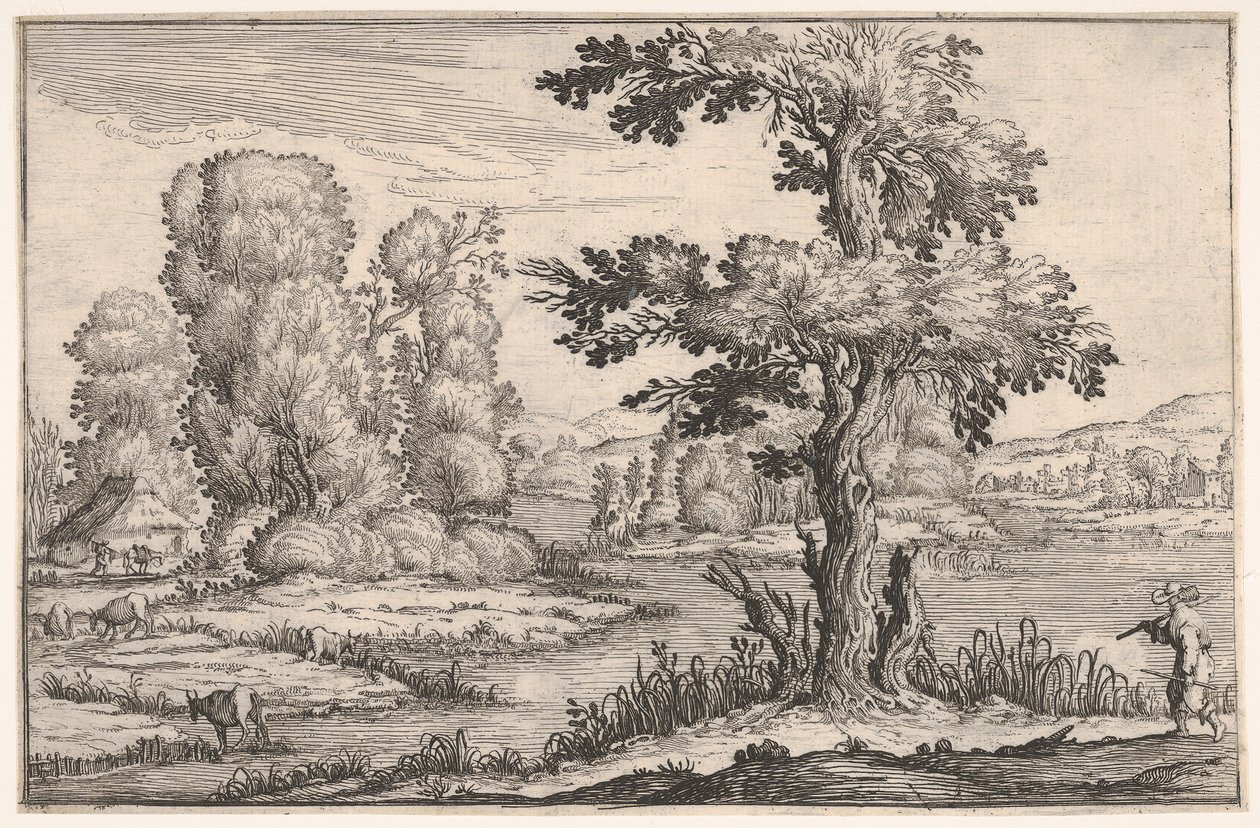 Landskap med getter som betar nära en flod och en figur i höger förgrund, från en ser..., 1638. av Ercole Bazicaluva