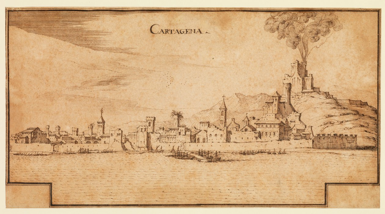 Vy över Cartagena, Spanien, ca 1642 (penna och brunt bläck på papper, med brunt bläck inramade linjer nedtill) av Ercole Frigoni Bazzicaluva