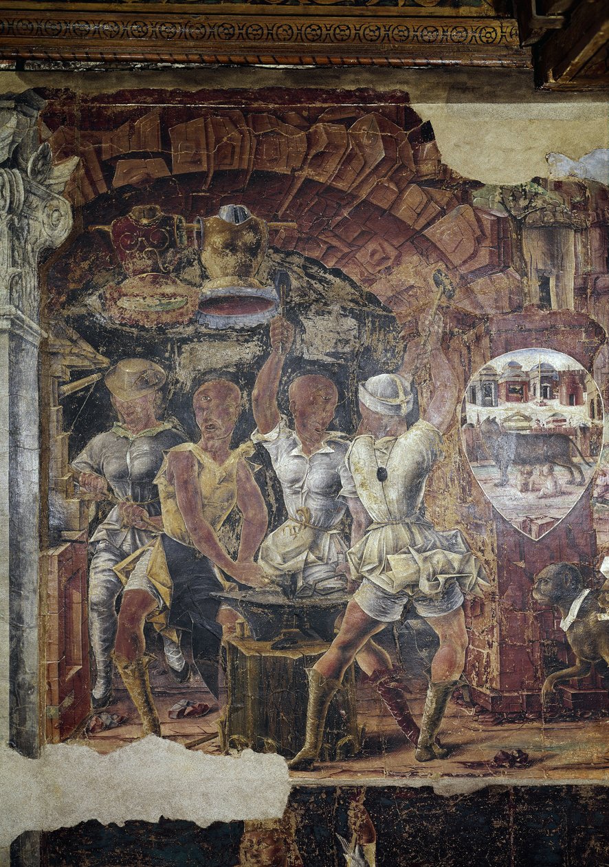 Allegori av september, detalj av Vulcans triumf, syn på hans smedjedetalj - fresk av Ercole de 