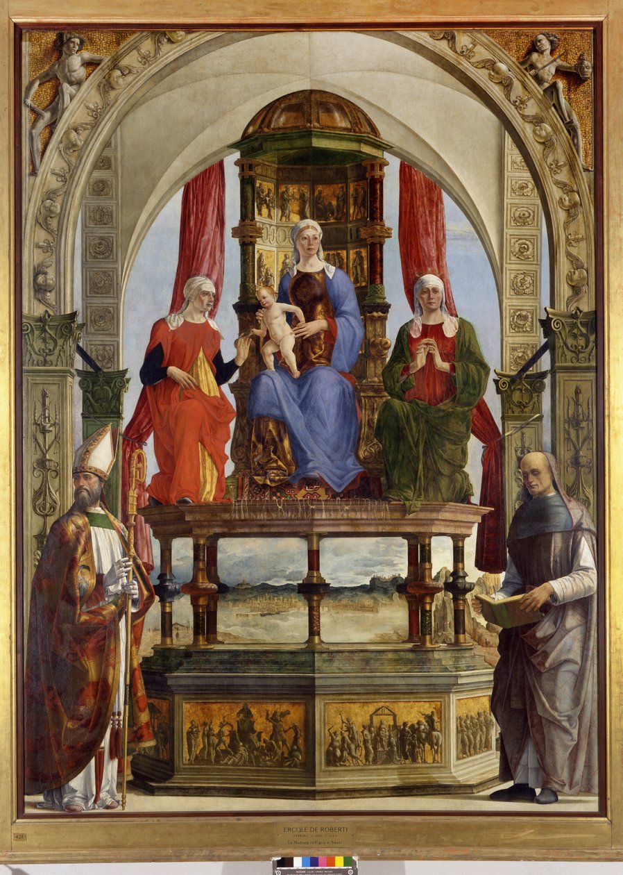 Jungfru tronad med barn, heliga Anne, Elizabeth, Augustine och salige Pietro degli Onesti, 1479-91 av Ercole de Roberti