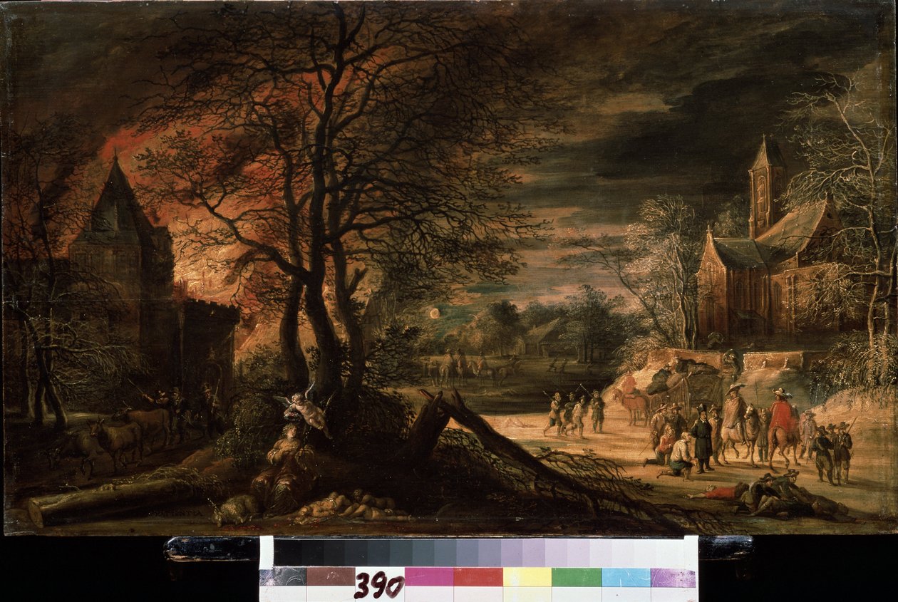 ""Allegory of patience"" (Allegory of patience) Ett land i krig, lik strödda på marken, en eld till vänster, apokalyptiskt landskap. Målning av Ergo Enghelbert (1620-cirka 1667) Pushkin-museet från 1600-talet, Moskva av Ergo Enghelbert