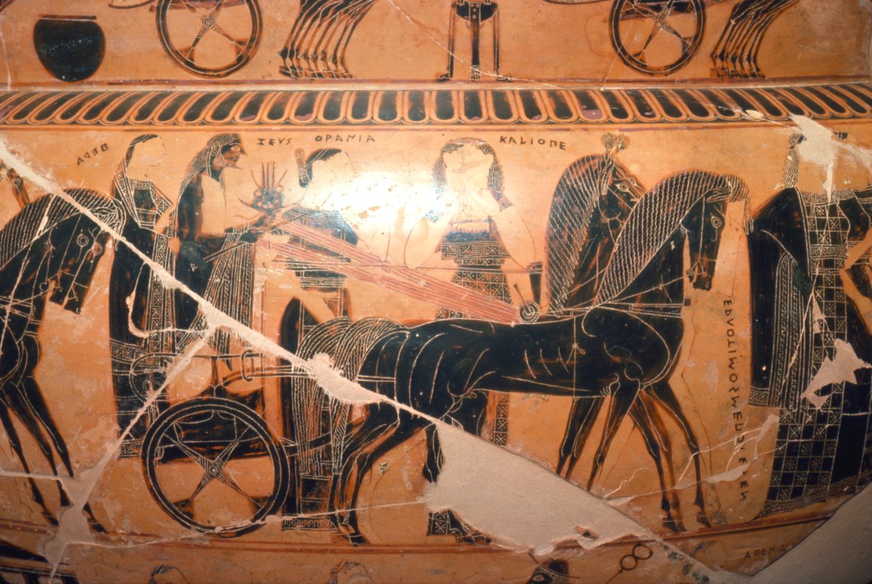 Detalj av Zeus och Hera i en vagn med Kaliope från Francois-vasen, c600-talet f.Kr. av Ergotimos