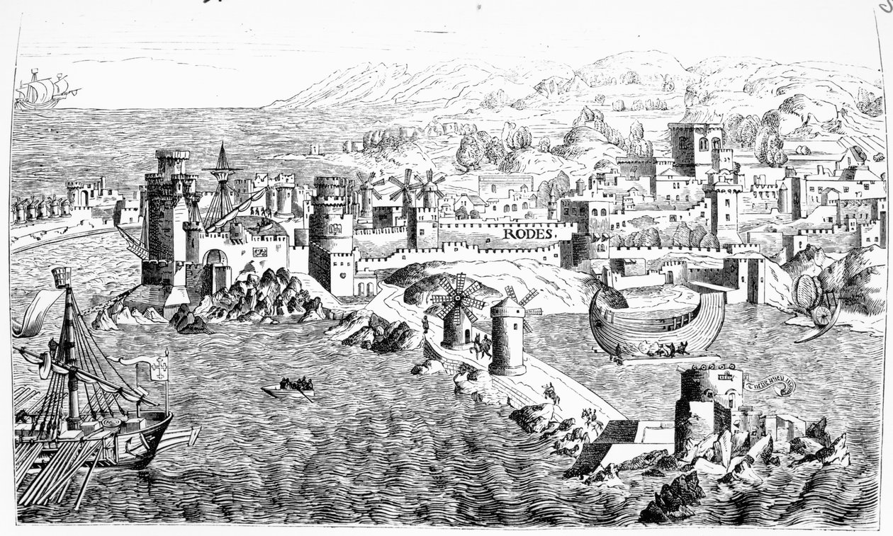 Karta över ön Rhodos, återgiven i "Le Chevalerie et les Croisades" av Paul Lacroix, 1886. av Erhard Reuwich