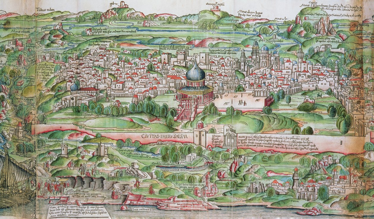 Karta över staden Jerusalem, från "Pilgrimsfärd i det heliga landet" av Bernhard von Breydenbach (1440-97) av Erhard Reuwich