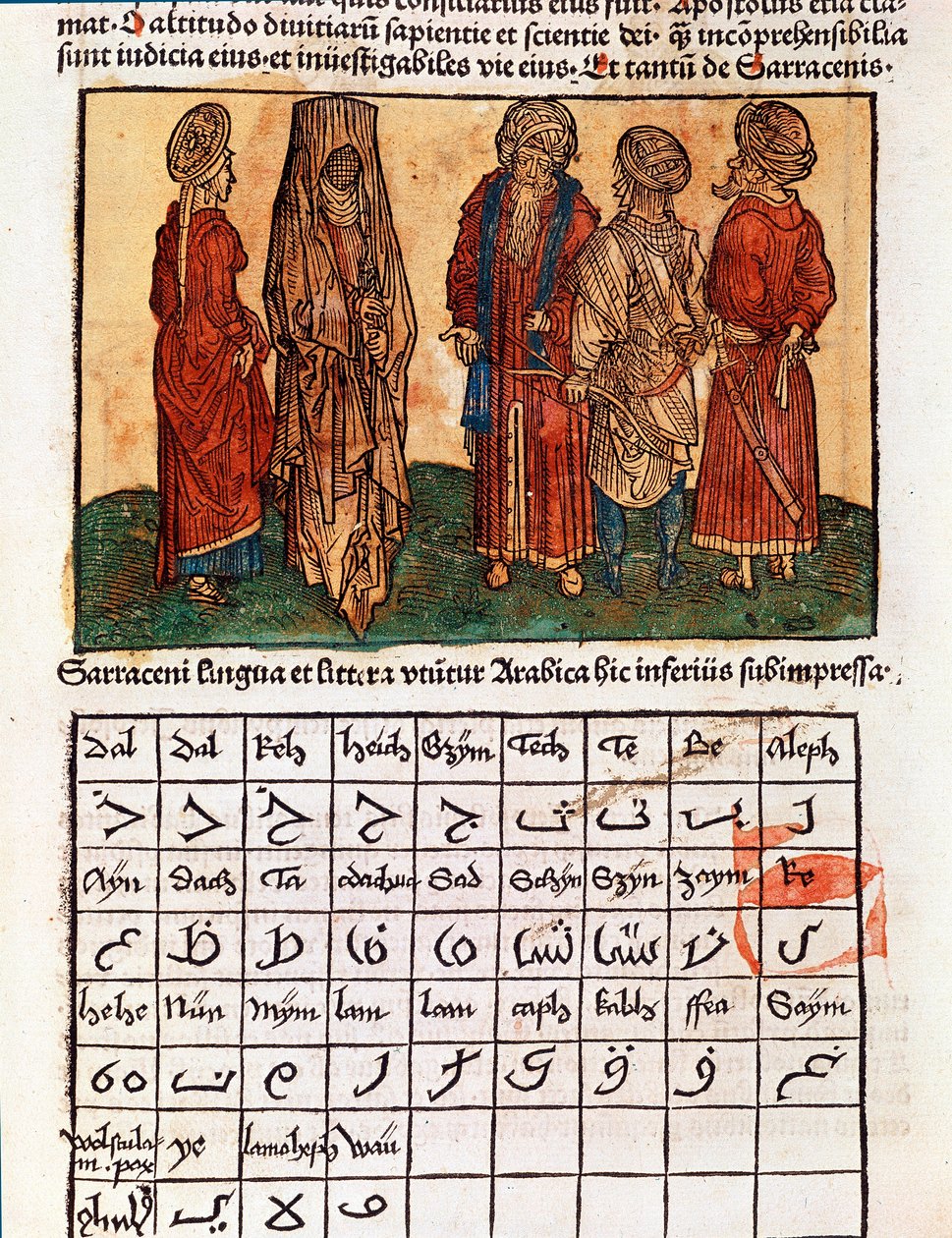 Skylt som beskriver det arabiska alfabetet och saracenernas kostymer. Sidan hämtad från reseboken "" Pilgrimsfärden till det heliga landet""" av Bernard de Breydenbach (Breidenbach) (1454-1497) illustrerad med gravyrer av Erhard Reuwich av Erhard Reuwich