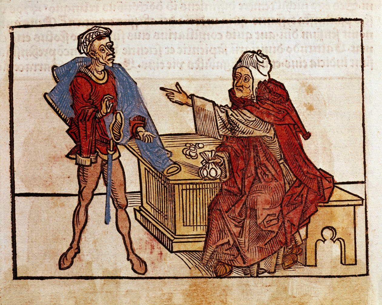 Transaktion mellan en jude och en lånehaj Sida hämtad från reseboken "" Peregrinatio in Terram Sanctam"" efter pilgrimsfärden i Bernard de Breydenbachs heliga land (Breidenbach) (1454-1497) illustrerad med gravyrer av Erhard Reuwich av Erhard Reuwich