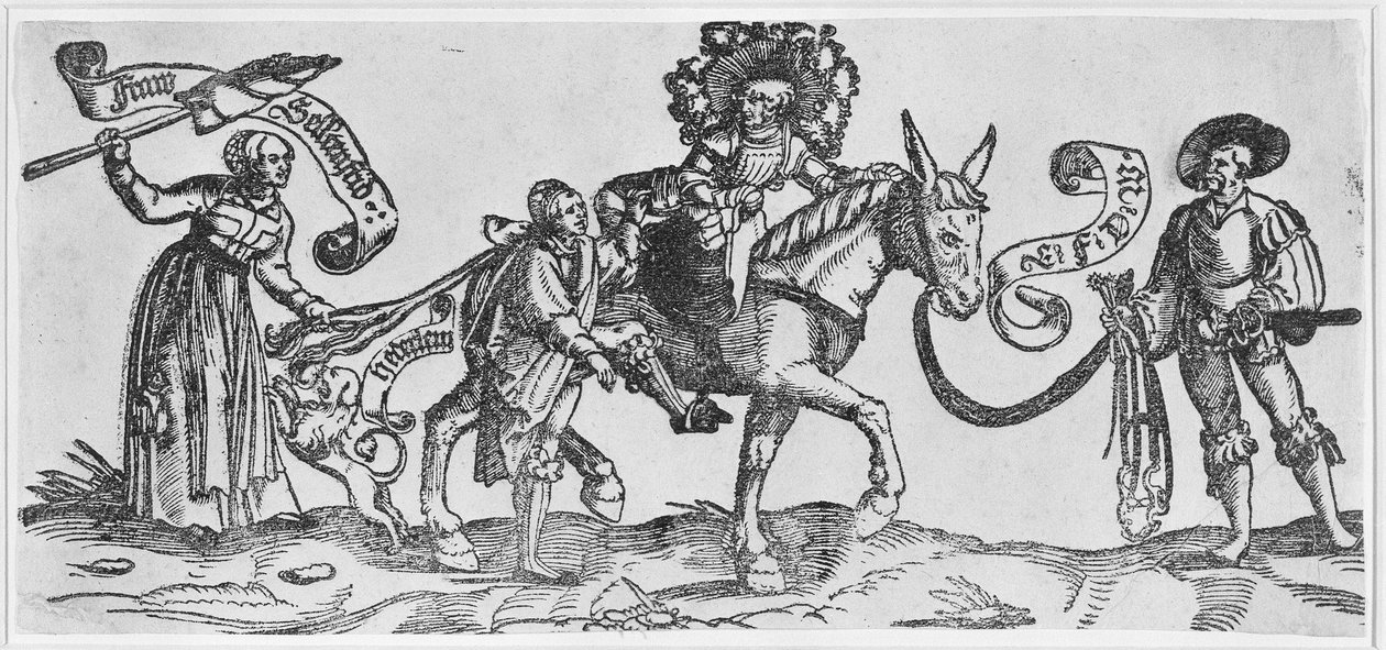 Mussekvinnan ("Frau Seltenfried") (träsnitt på papper) av Erhard Schon