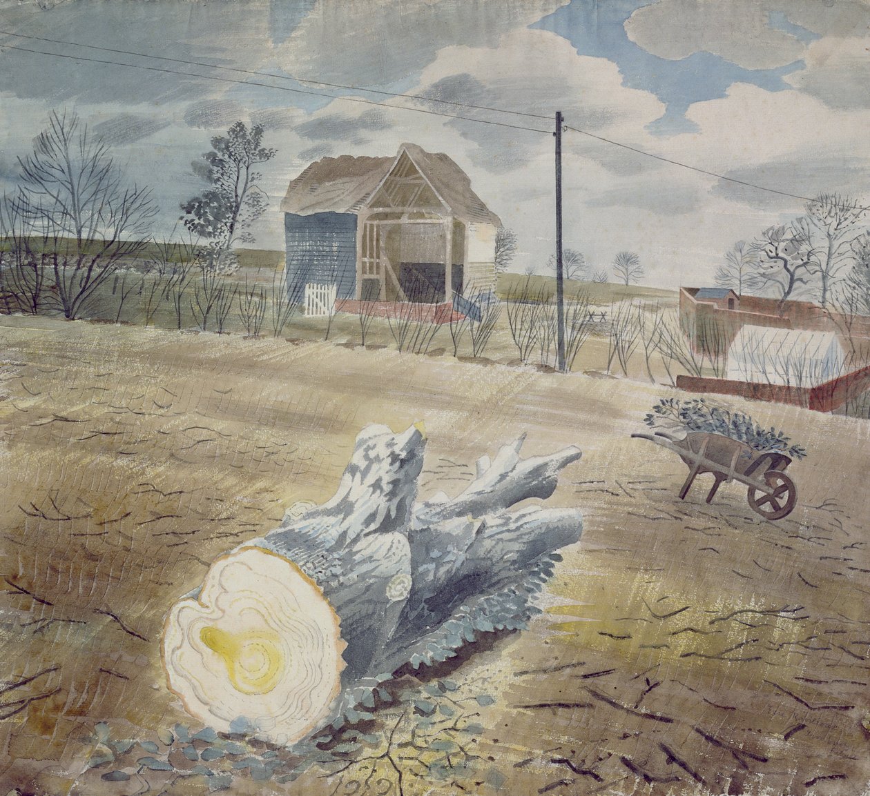 Trädstam och skottkärra av Eric Ravilious