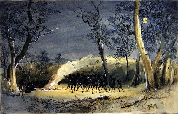 A Native Corroboree at Night (penna, akvarell och gummi arabicum på papper) av Eric Gill