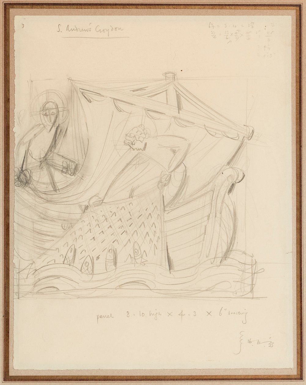Kristus och det mirakulösa draget av fiskar, december 1933 (penna på papper) av Eric Gill