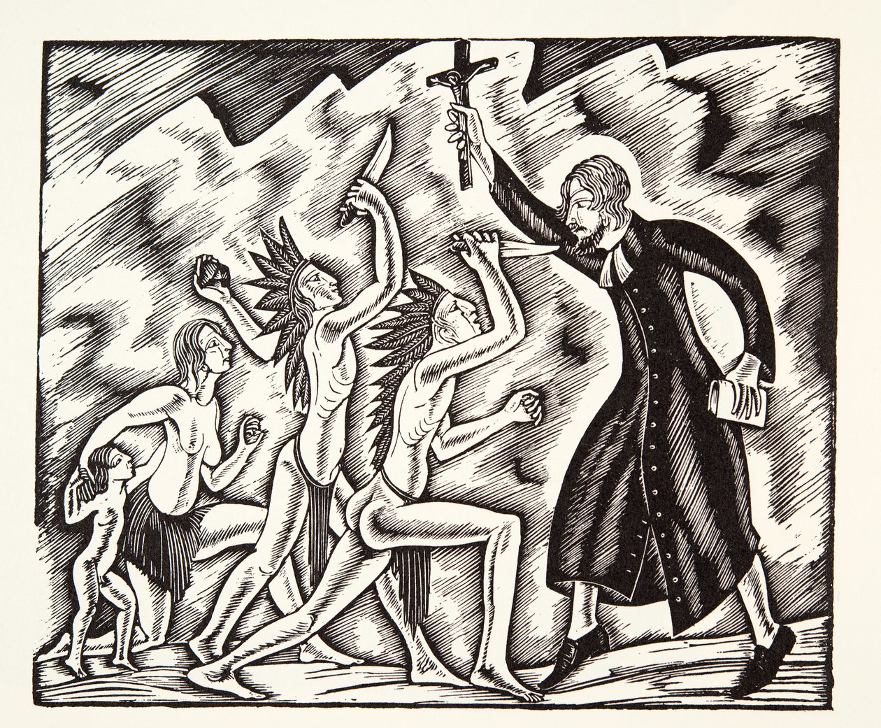Attacken, från Fader Jean de Brebeufs resor och lidanden av Eric Gill