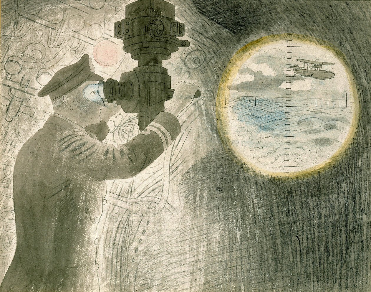 En ubåtsofficer tittar genom periskopet. Akvarell och blyerts på papper av Eric Ravilious