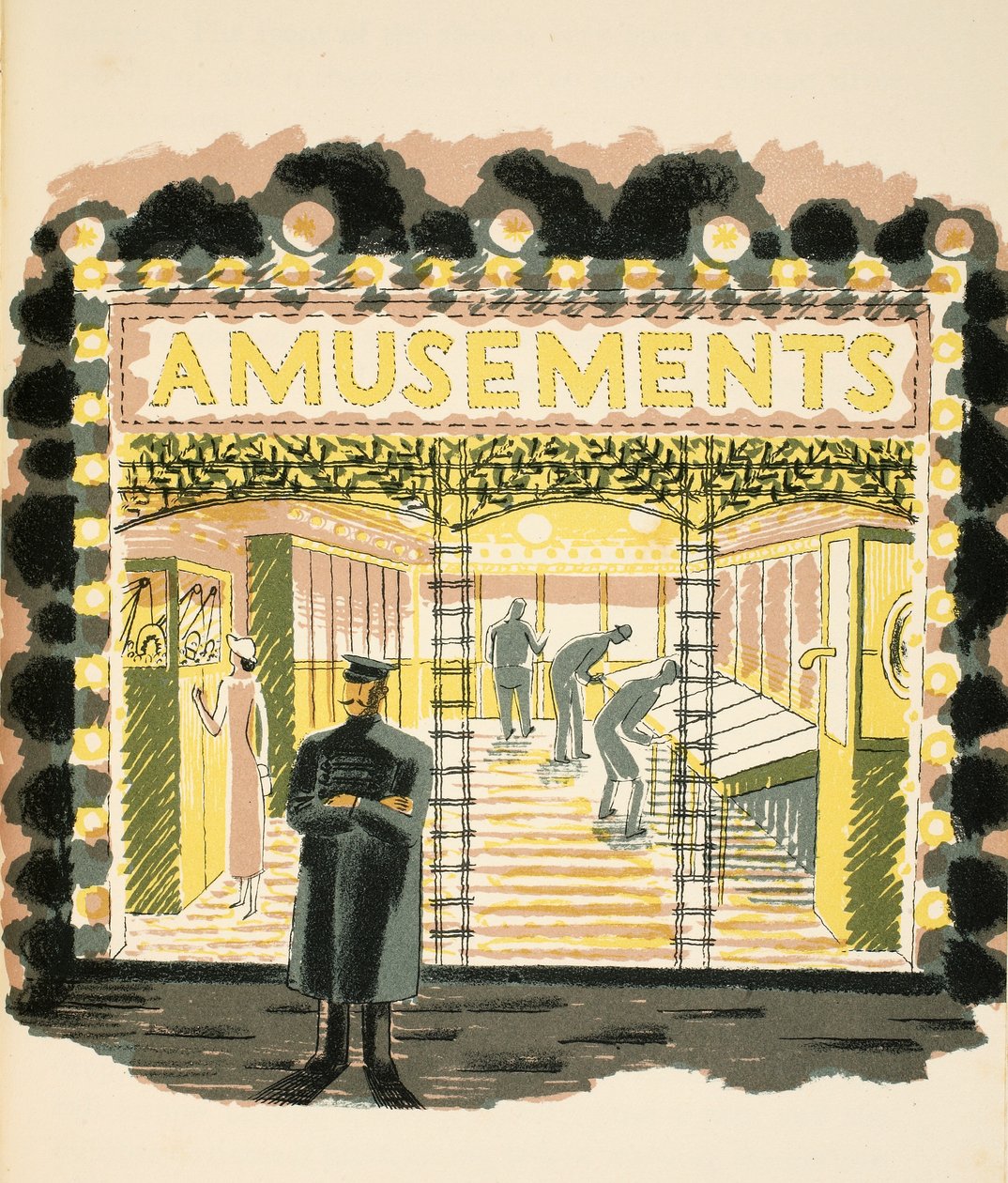 Amusement Arcade, illustration från "High Street" av J.M. Richards, tryckt av Curwen Press, publicerad av Country Life, 1938. av Eric Ravilious