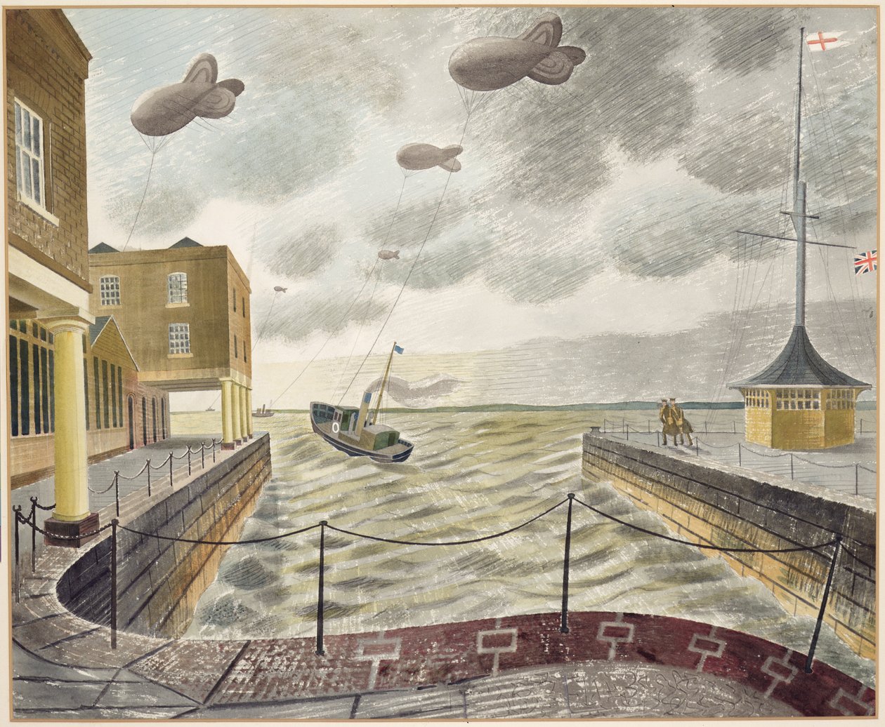 Barrage Balloons Outside a British Port (penna och akvarell på papper) av Eric Ravilious