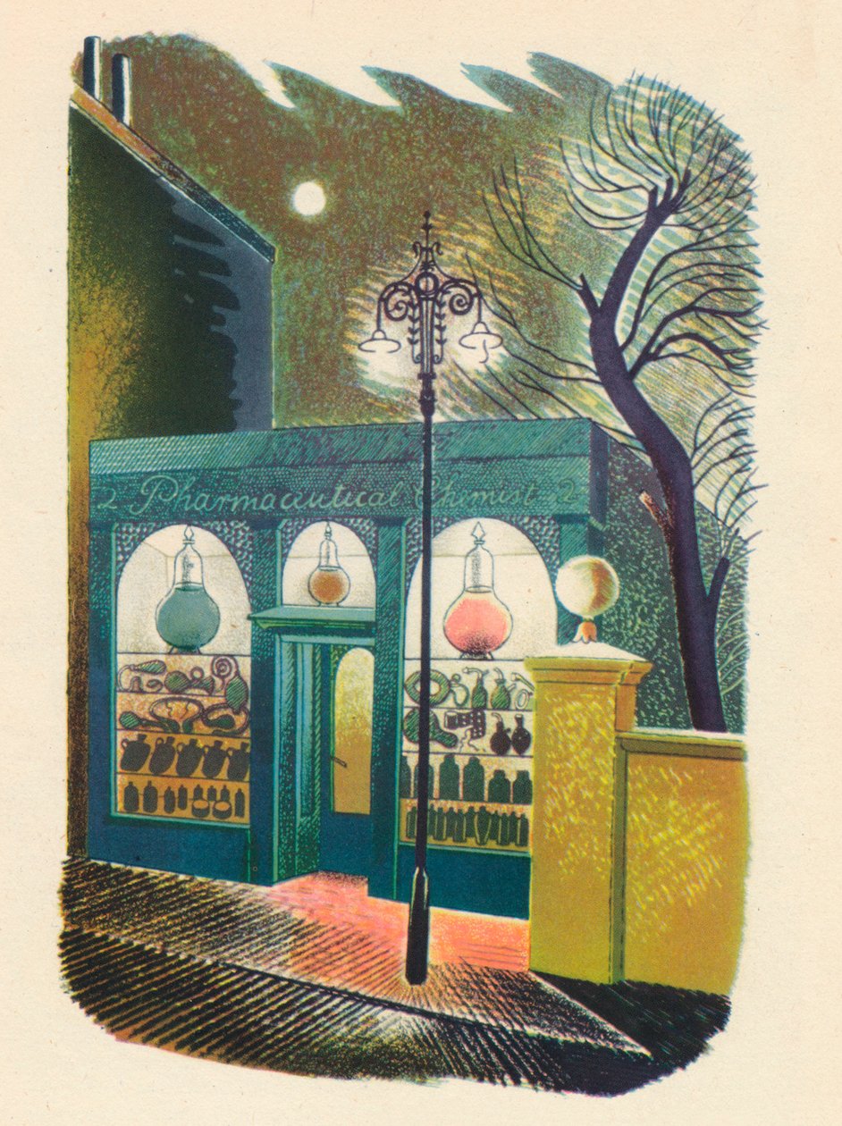 Kemistaffär på natten, 1938, 1946 av Eric Ravilious